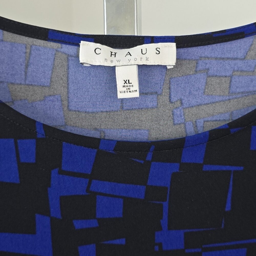 Chaus New York Scoop Neck 3/4 Sleeve Round Hem Printed Top Blue Black XL - Picture 3 of 6
